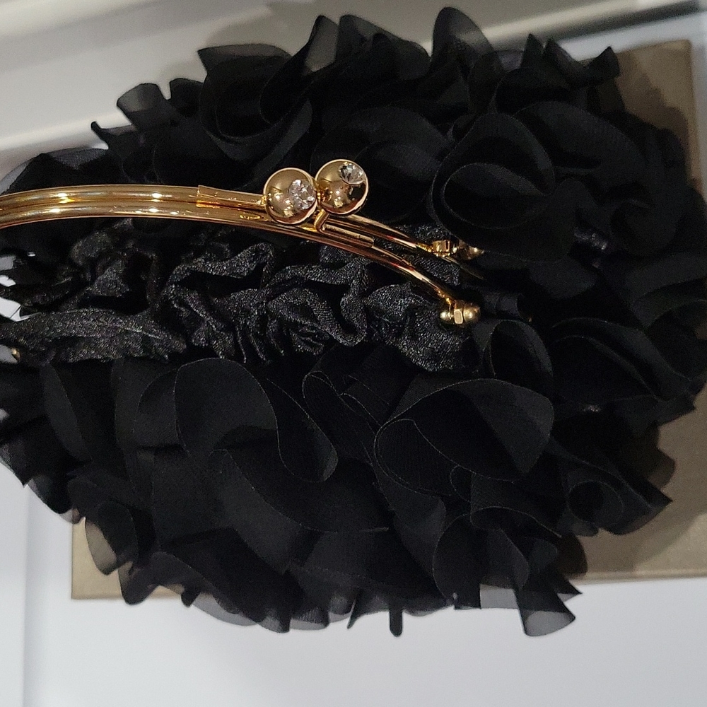 SOLD Black Ruffled Handbag with gold handles and chain - Picture 4 of 9